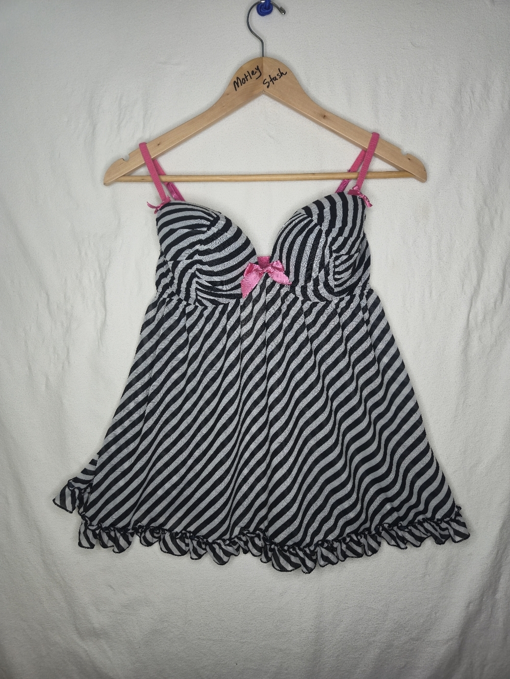 La Senza Black & White Striped Babydoll Chemise with Pink Trim Size Large